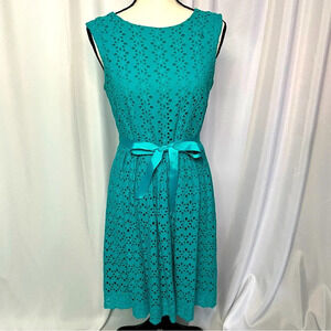 Rabbit Rabbit Rabbit Teal Floral Eyelet Dress with Ribbon Belt - size 8